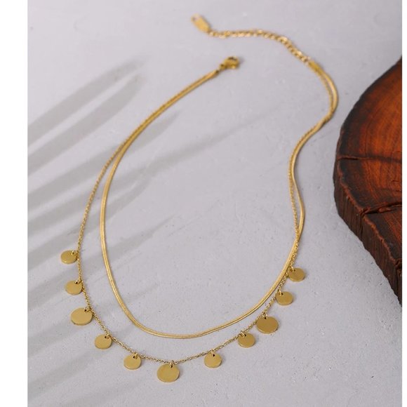 Jewelry - New 18K Gold Plated Coin Drop Double Layer Herringbone Necklace